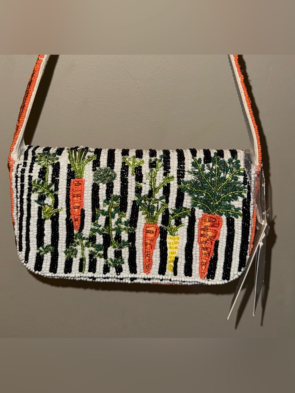 Beaded Carrot Garden Shoulder Bag - Orange with Black and White Stripes